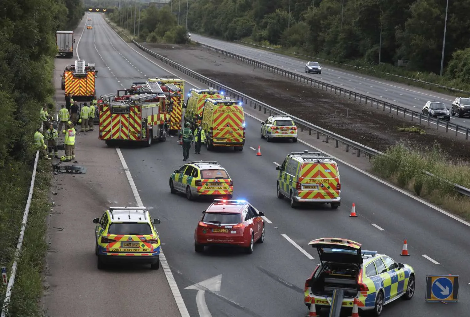 M2 Crash Chaos: Car Rolls into HGV Near Bluebell Hill, Air Ambulance Races to Scene