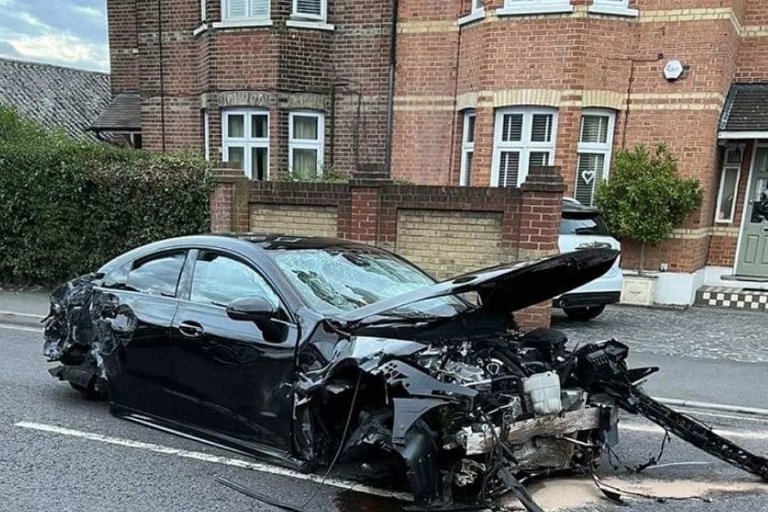 The shocking moment a black Mercedes travelling at speed snapped a telegraph pole in half on Hurst Road in Bexley late on Saturday evenin…