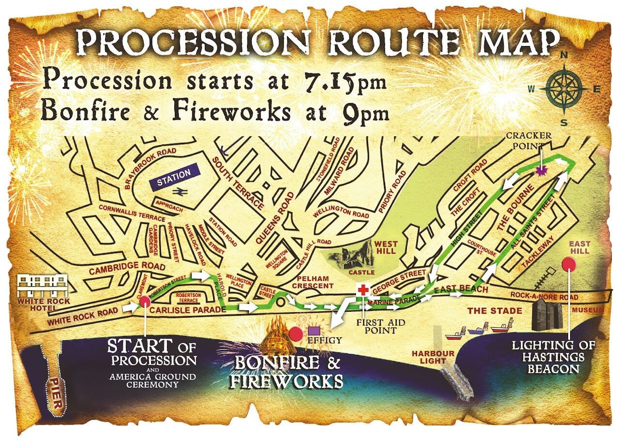 Guide and road closures to Tonight’s Hastings Borough Bonfire Society’s Torchlit Procession – (ID 531560)