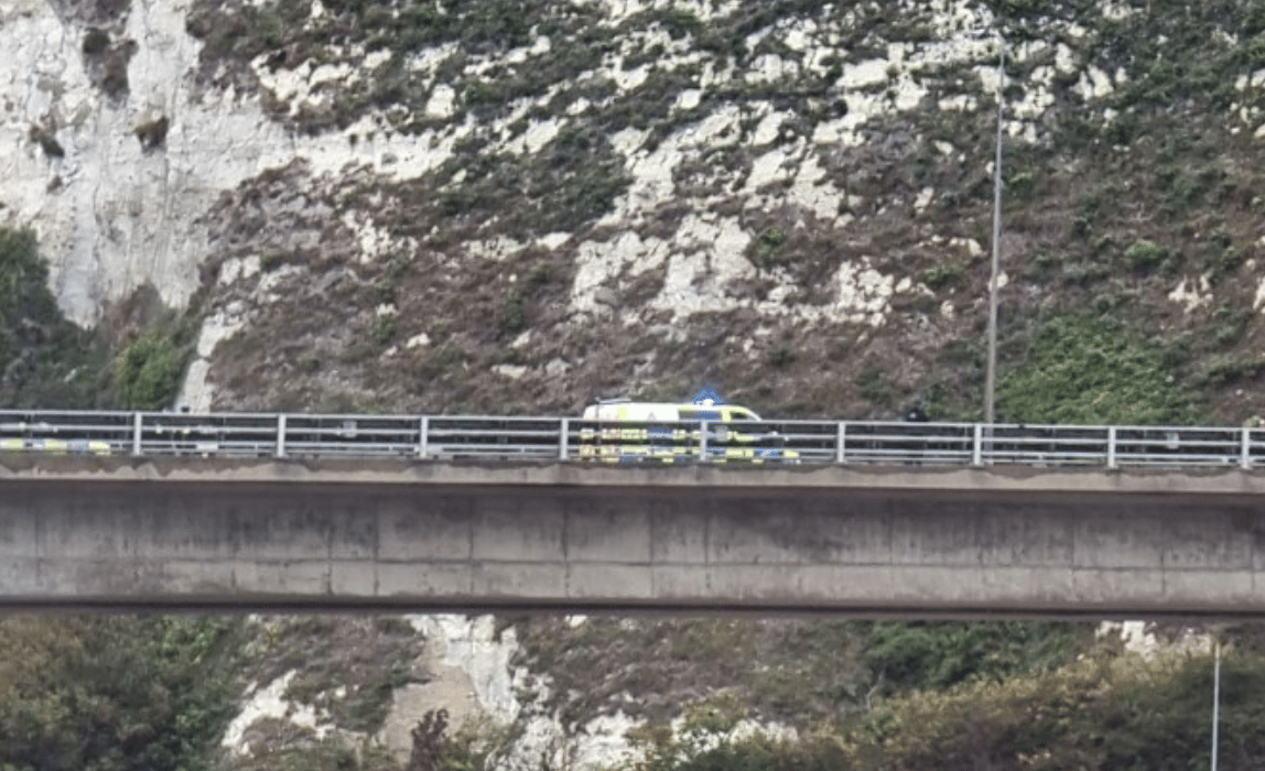 The A2 Jubilee Way Above The Port Of Dover Has Been Closed In Both Directions Due To A Protest By A Man On The Edge Of The Road Bridge