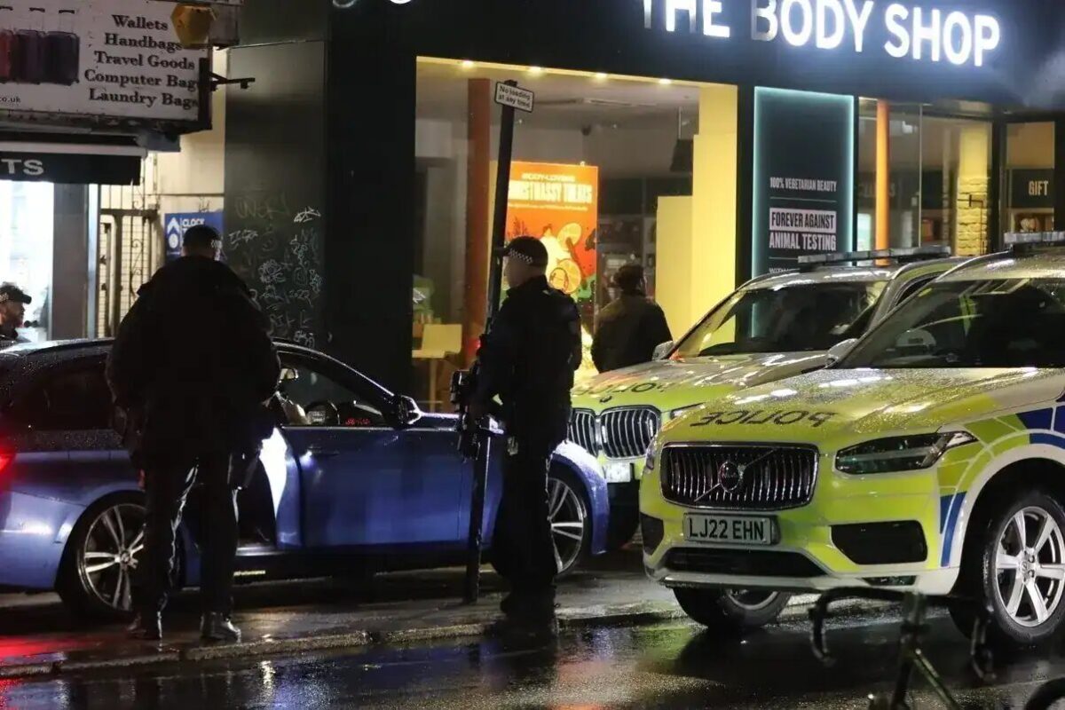 Armed Police box in car that mounted pavement on North Street, Brighton