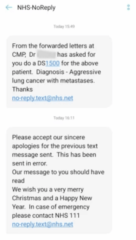 When A Christmas Message Back Fires: Patients At A Gp Surgery Near Doncaster Received A Text Telling Them They Had Been Diagnosed With Lung Cancer Instead Of Wishing Them A Merry Christmas
