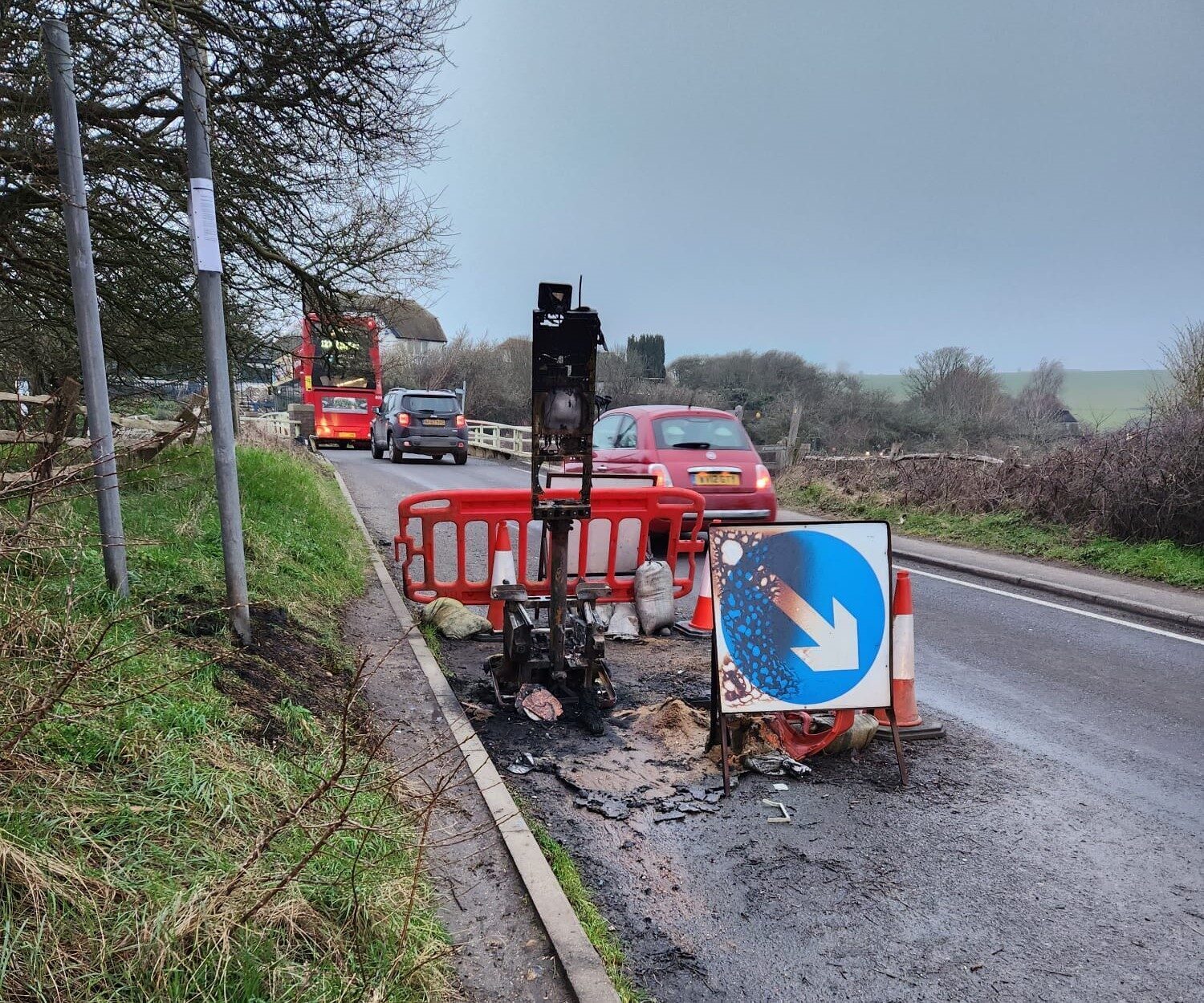 Exceat Bridge Traffic Lights Shot At, Set Fire To And One Thrown In The Cuckmere River