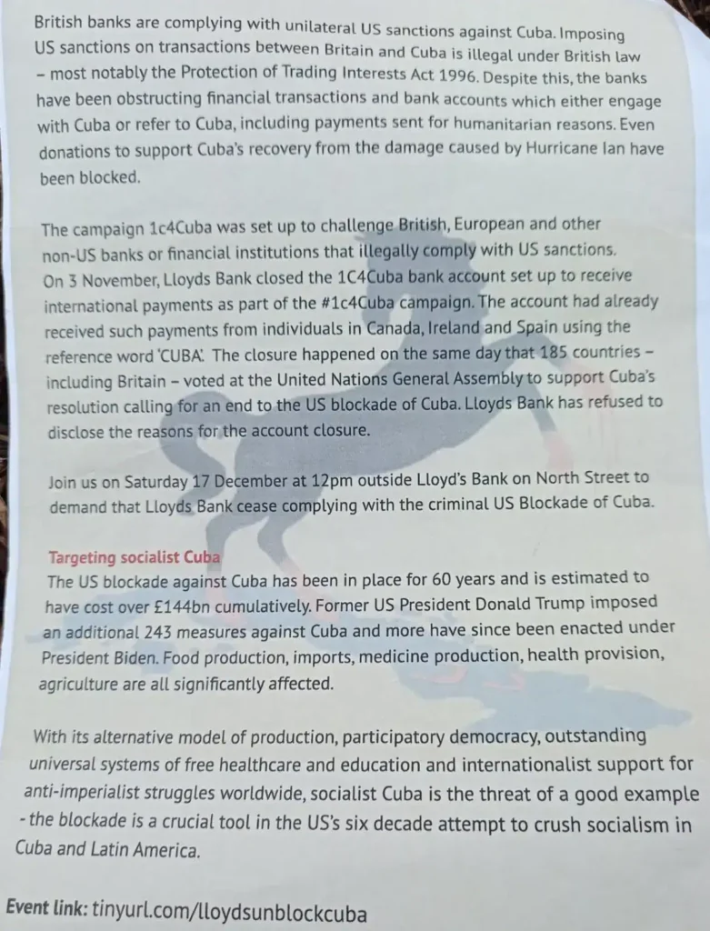 Anti-cuban Sanctions Protest Outside Lloyds Bank Brighton