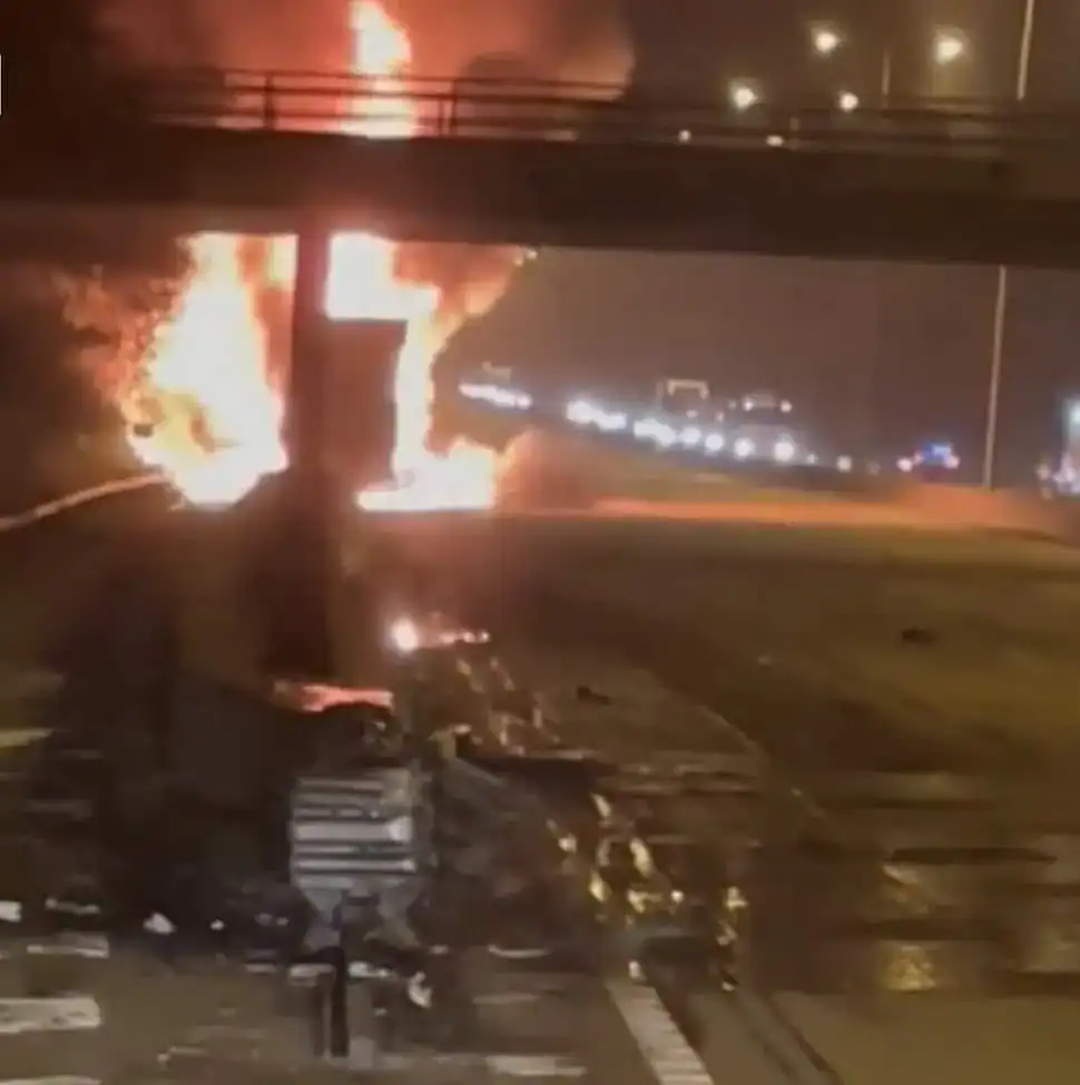 The Lorry Catches Fire, And The Burning Fuel Illuminates The Road On The M25 In Surrey