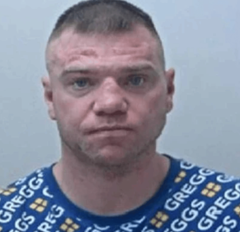 A wanted man who was photographed in his mugshot wearing a Greggs jumper has been apprehended – (ID 549217)