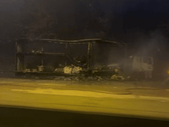 The Lorry Catches Fire, And The Burning Fuel Illuminates The Road On The M25 In Surrey