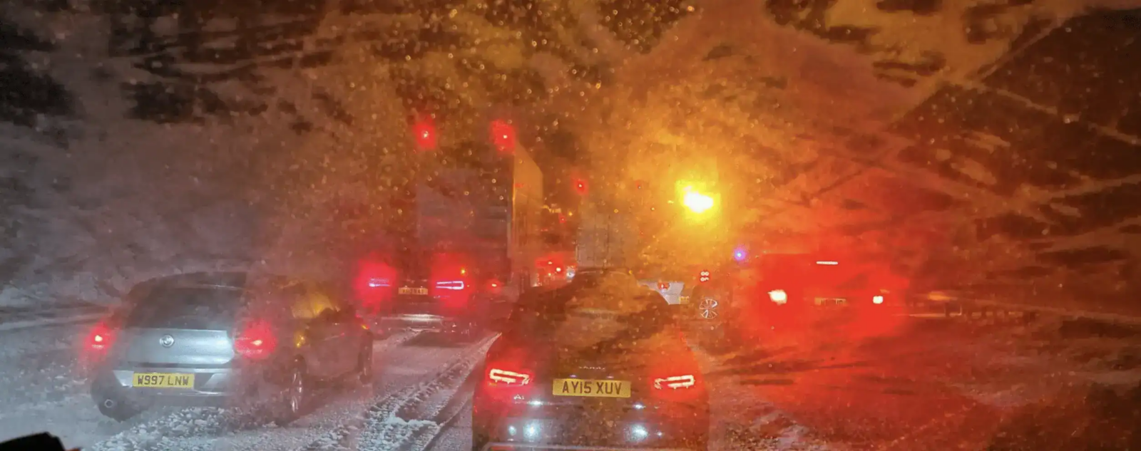 There are severe delays on the M62 eastbound between Junction 20 (Rochdale) and Junction 22 (Saddleworth) due to heavy snow in the area