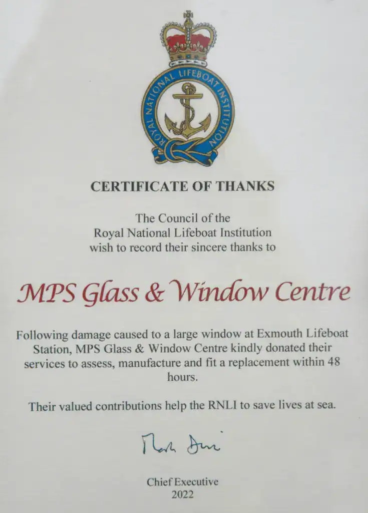 A Long Established Exmouth Family Business, Mps Glass & Window Centre Ltd., Has Been Awarded A Special Certificate Of Thanks From Rnli Chief Executive, Mark Dowie