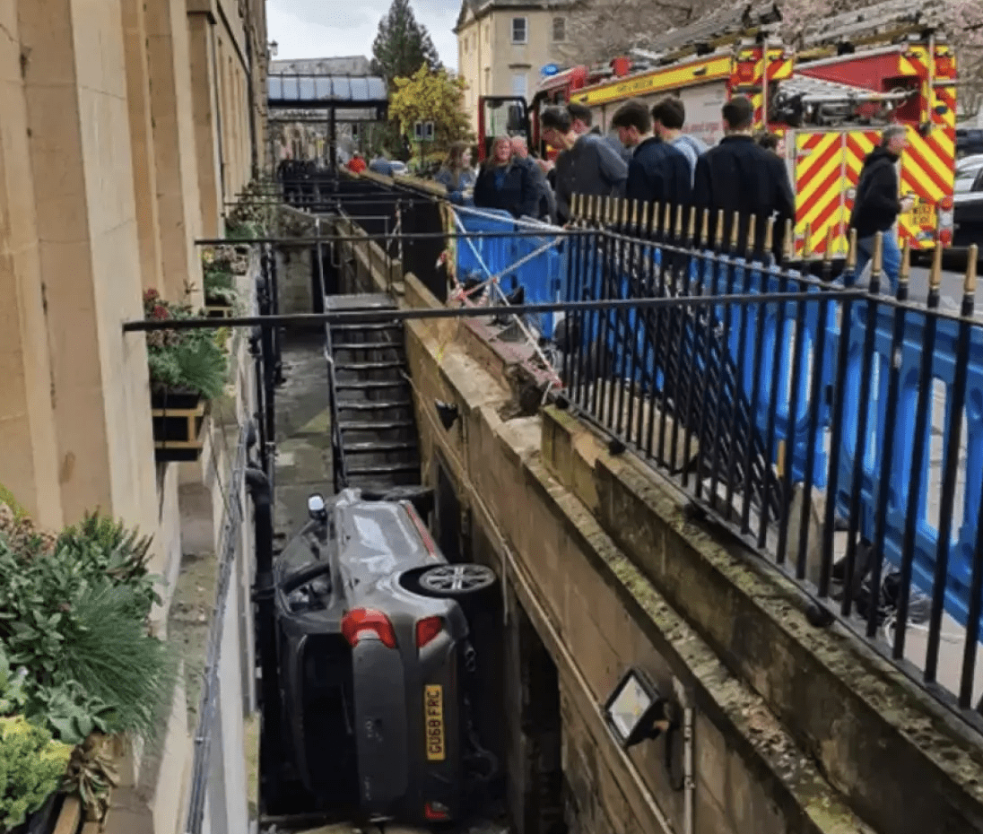 After A Car Became Wedged Against The Basement Windows Of A Historic Hotel In Bath, A 19-year-old Man Was Arrested On Suspicion Of Drink-driving
