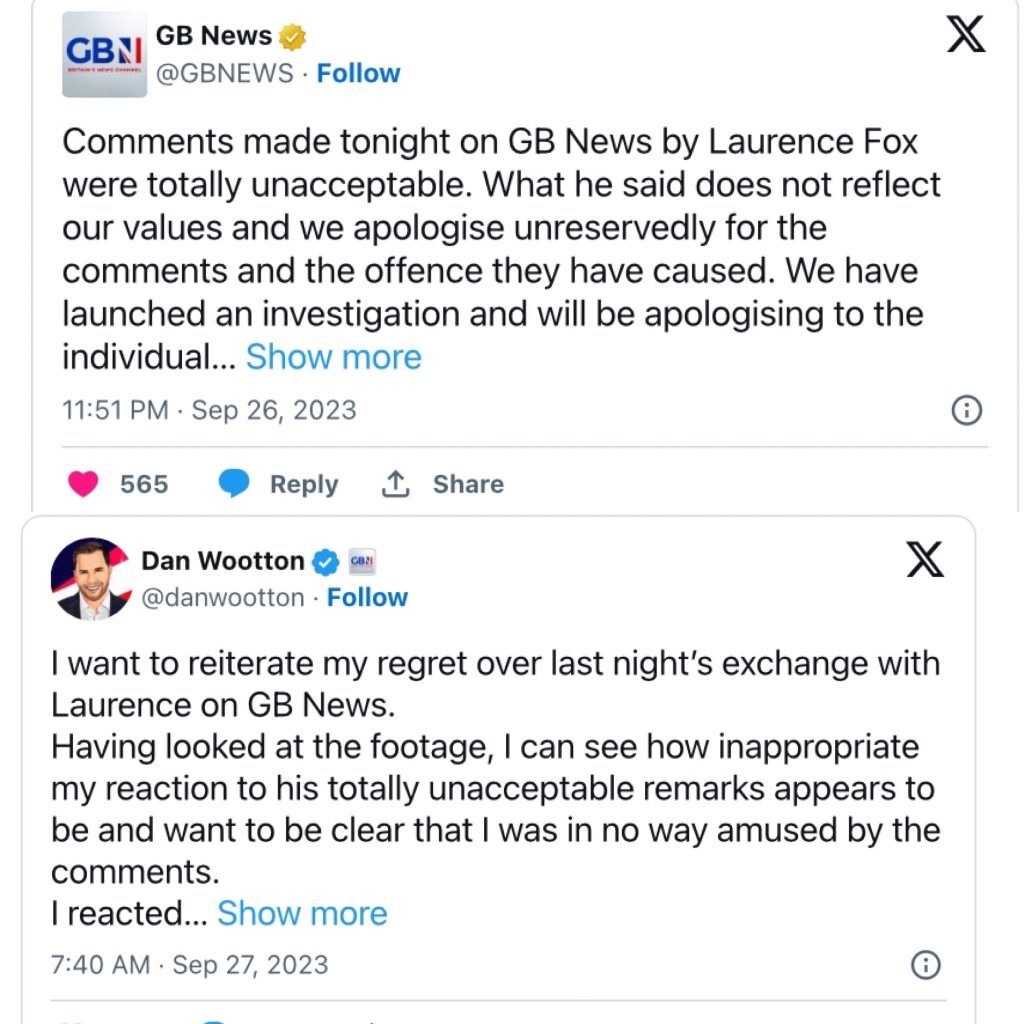 Gb News Launches Investigation Into Laurence Fox’s “totally Unacceptable” Comments About Female Journalist