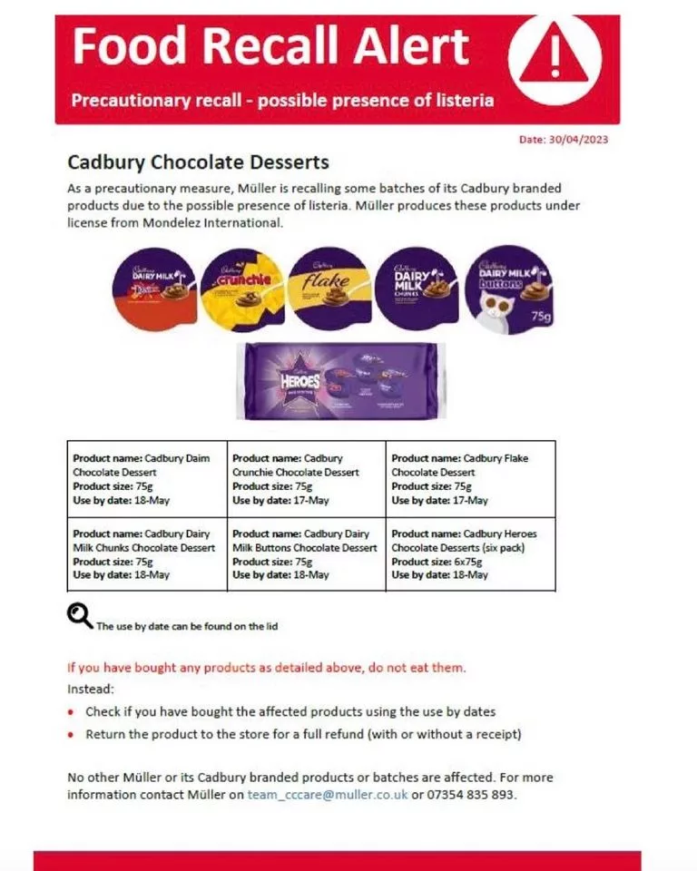 Müller Is Recalling The Below Products And Has Issued Notices To Their Customers