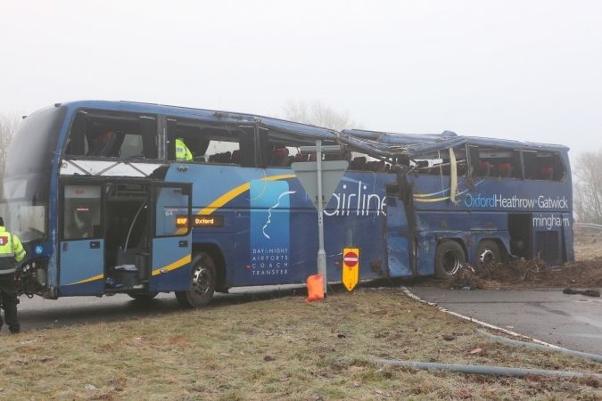 Seventeen People Hurt After  Coach Veered Off A Motorway Slip Road And Overturns