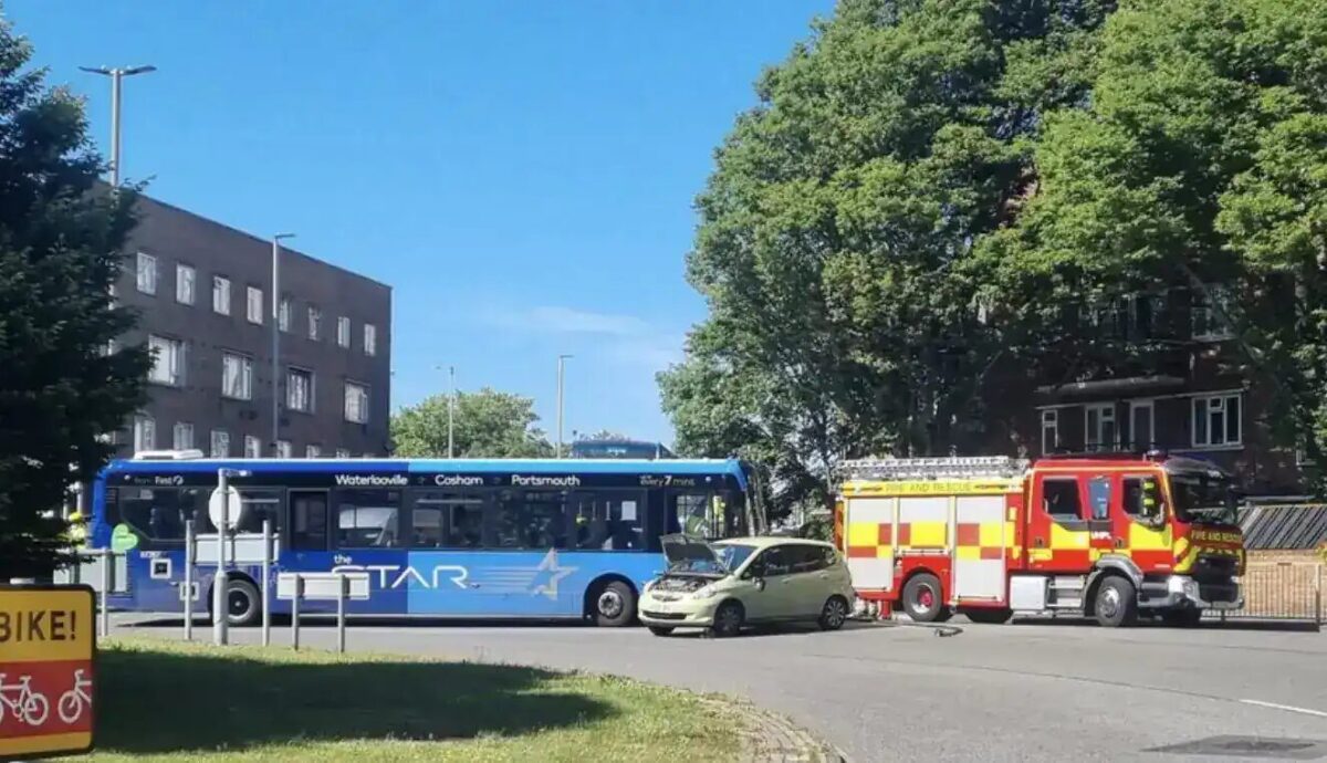 The southbound carriageway of Commercial Road in Portsmouth has been closed due to a collision involving a car and a bus