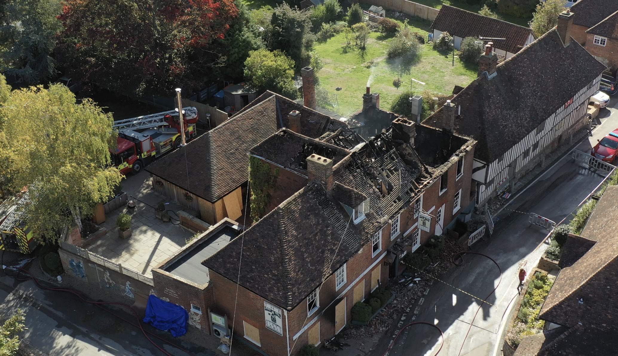 Three Fire Engines Remain At The Scene Of The Fire In The Dirty Habit Pub In Hollingbourne, Near Maidstone
