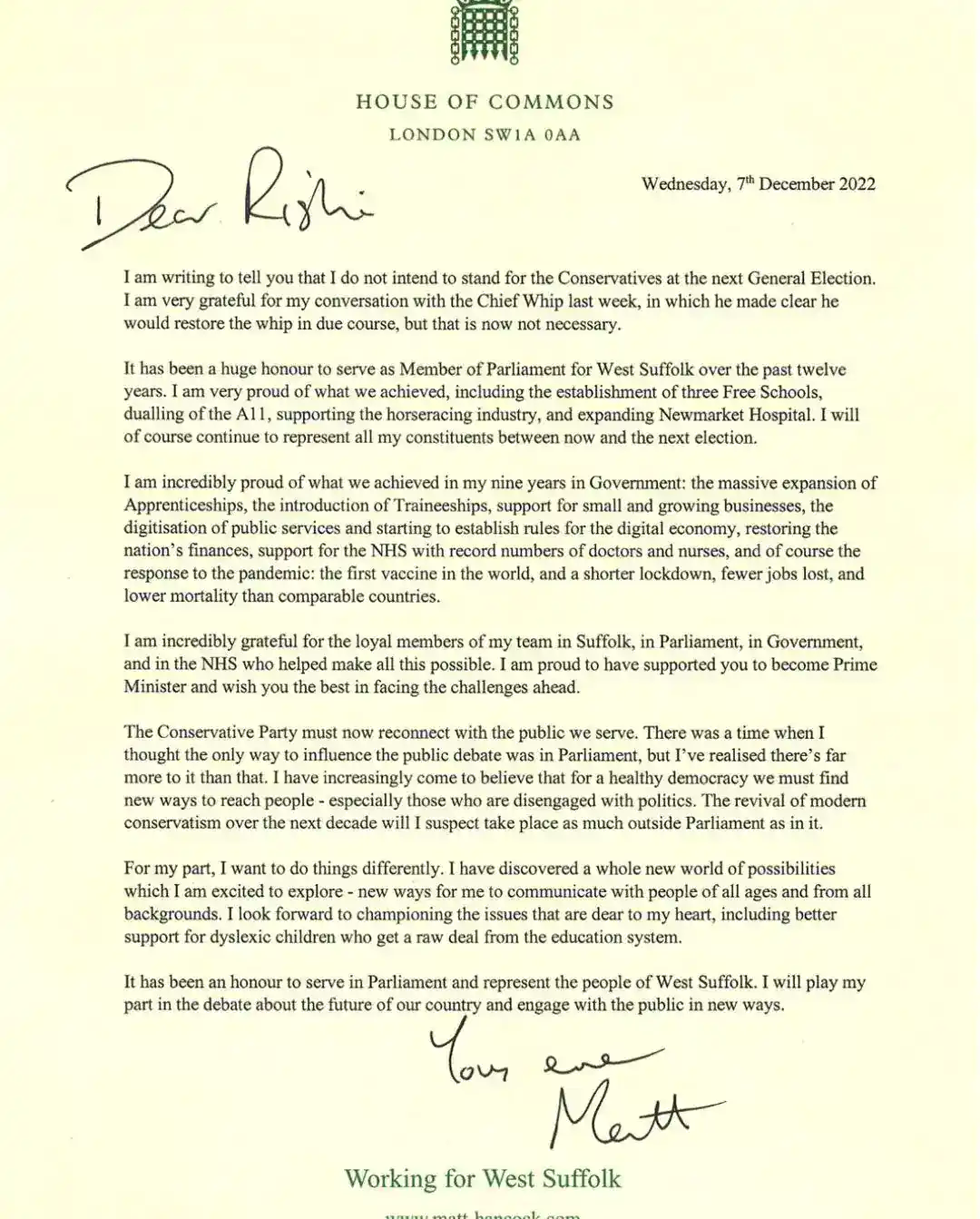 Former Health Secretary Matt Hancock Has Announced He Will Not Be Standing As An Mp At The Next General Election