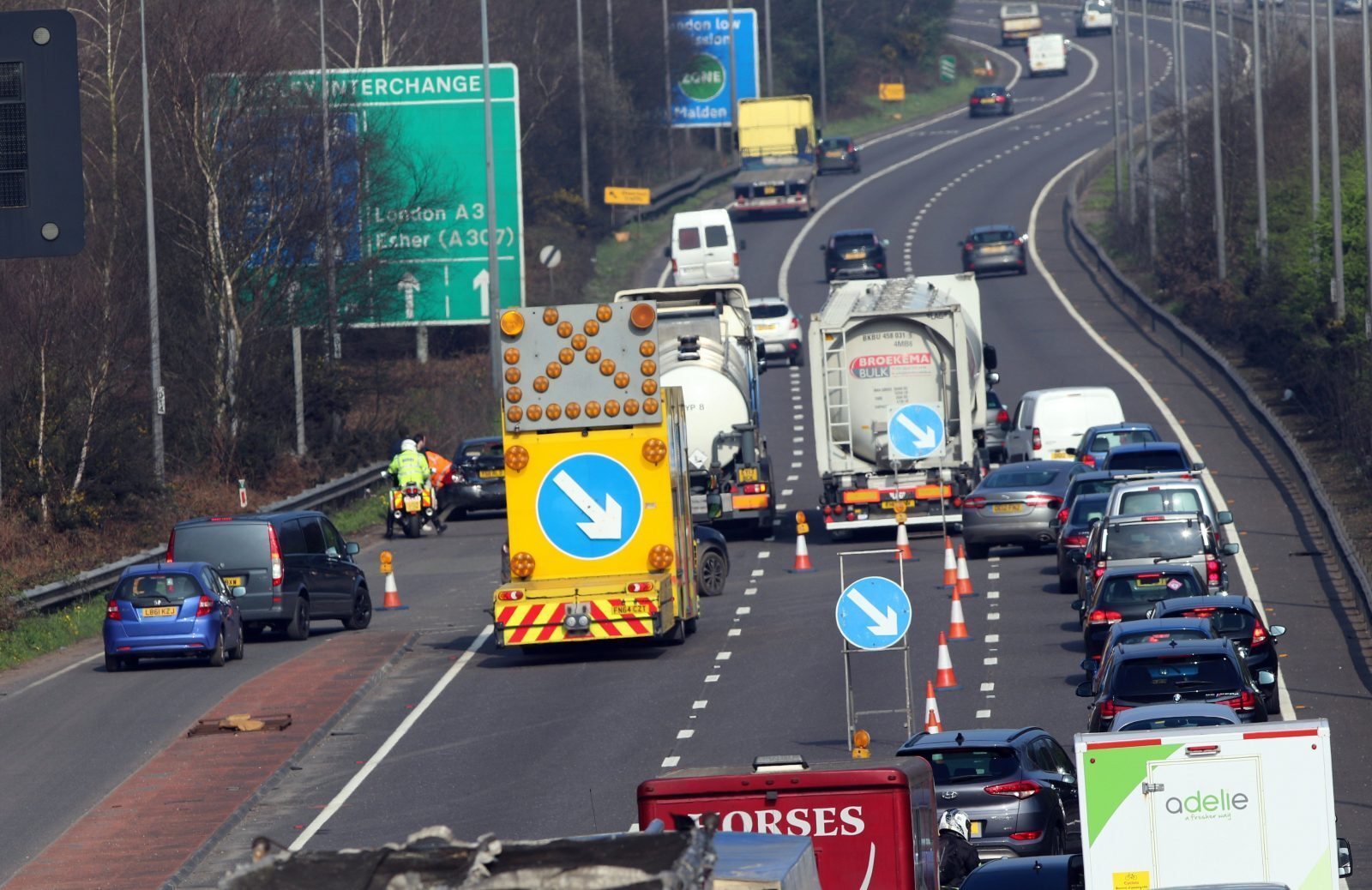 Traffic Chaos After Lorry Rear Ends Car  On The A3 Near Ripley