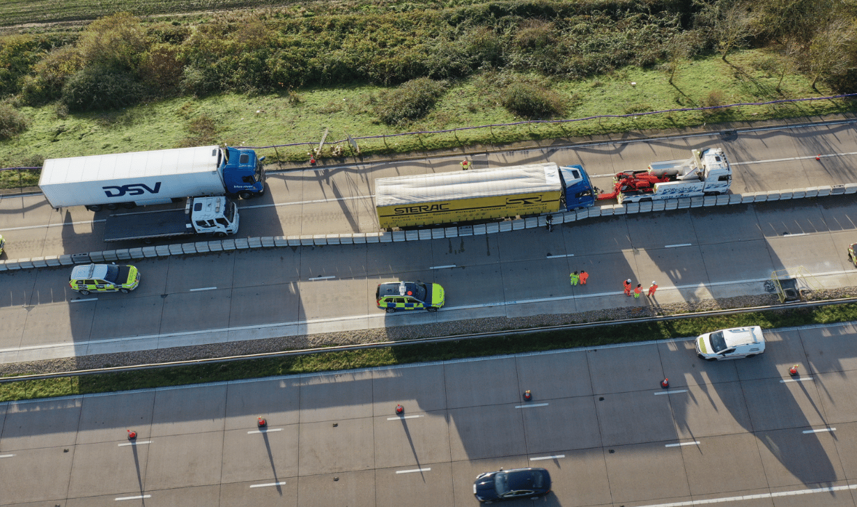 The M20 Is Congested And One Lane Is Closed Due To A Collision Between Two Lorries Near Ashford In Kent