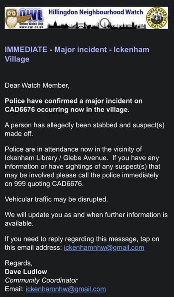 Police Dispute Major Incident Claim By Ickenham Neighbourhood Watch After Man Has Superficial Wound To His Chest