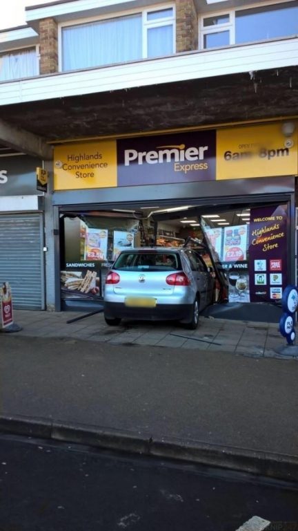 Car Ploughs  Through Fareham Shop Front
