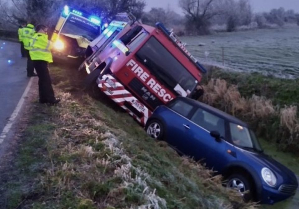 A Fire Engine Was Damaged After It, And The Following Ambulance, Both Skidded On Black Ice And Left The Road Near Langport, Somerset
