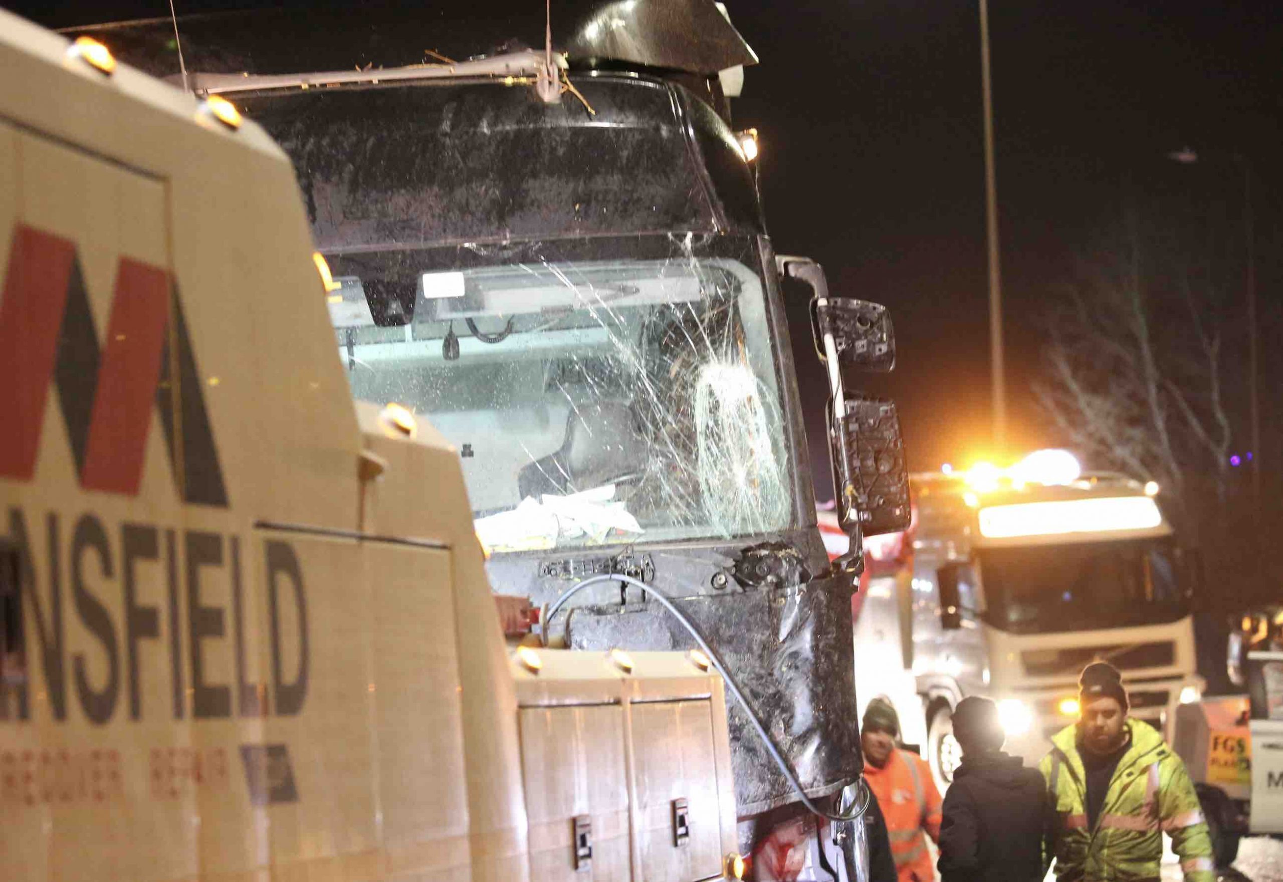 Mass Overnight Recovery Operation That  Took Hours  After Lorry Mounts Roundabout On Bluebell Hill Near Maidstone And Ends Up In Low Lying Copse