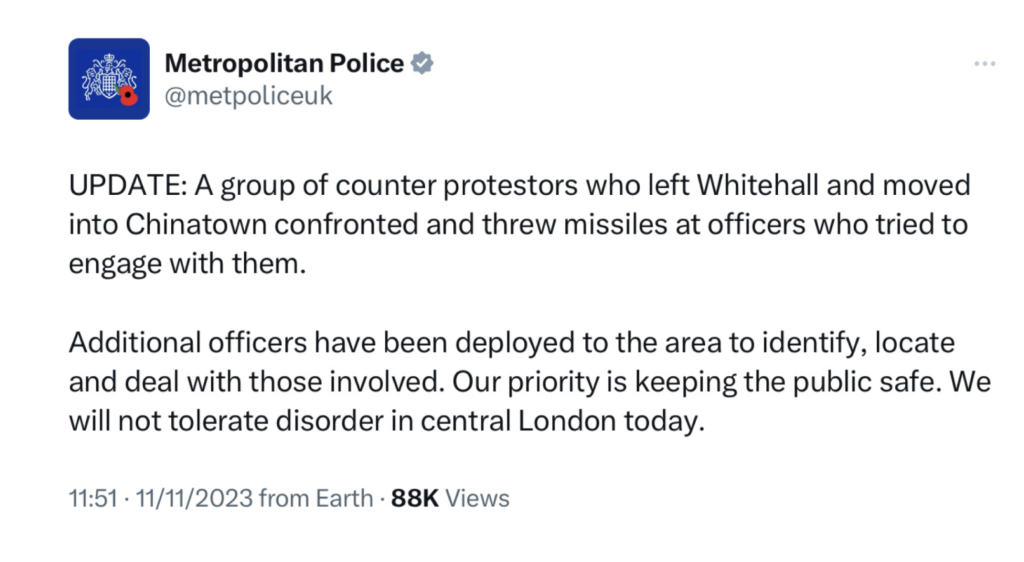 Met Police Monitor Counter-protesters As Armistice Day Commemoration Proceeds