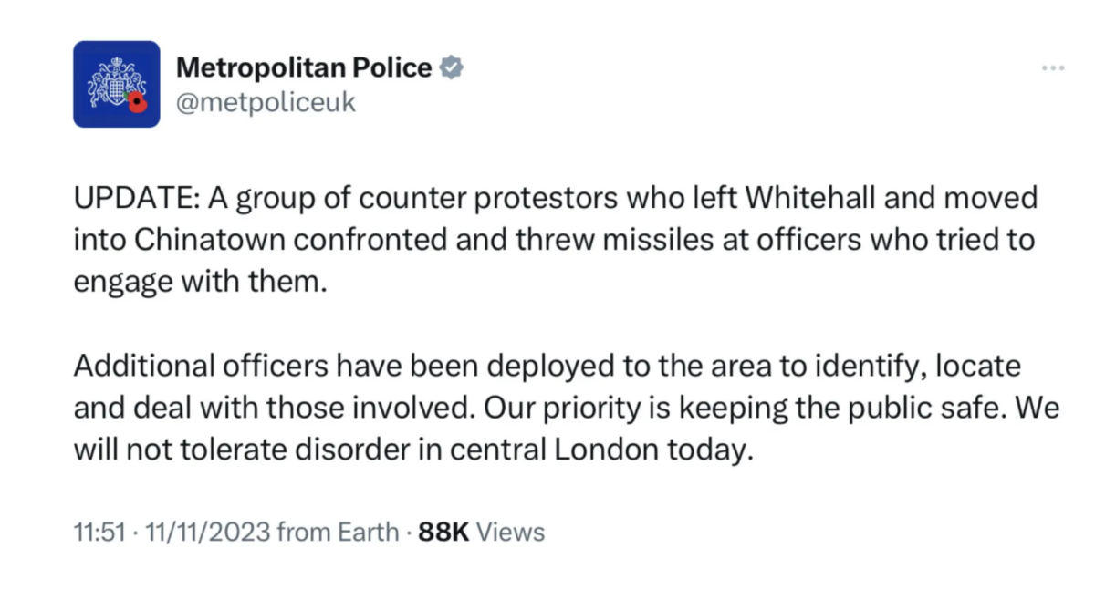 Met Police Monitor Counter-Protesters as Armistice Day Commemoration Proceeds