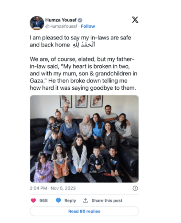 Scottish First Minister Humza Yousaf’s Family Returns From Gaza