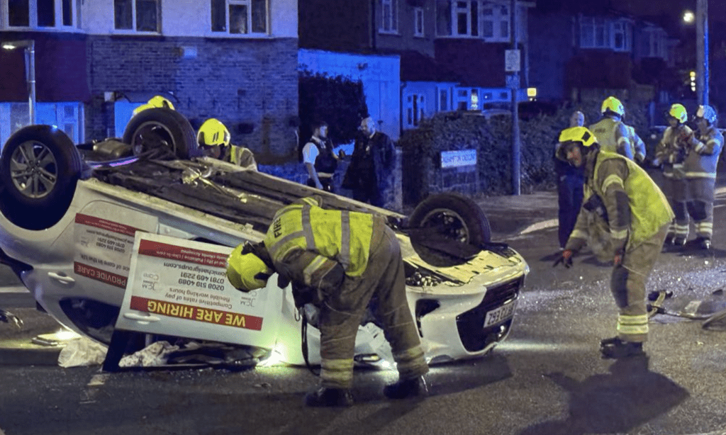 Emergency Crews Heroically Rescue Young Baby from Overturned Smoking Care Company Car in Bexleyheath