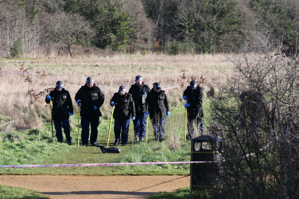 Police officers conducting a search in a grassy field.