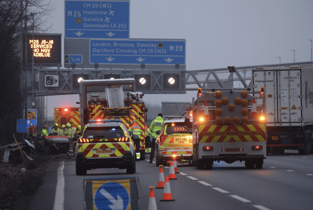 UPDATED: Car Collides with HGV Resulting in Fire, Three Lanes Closed on M20 Westbound