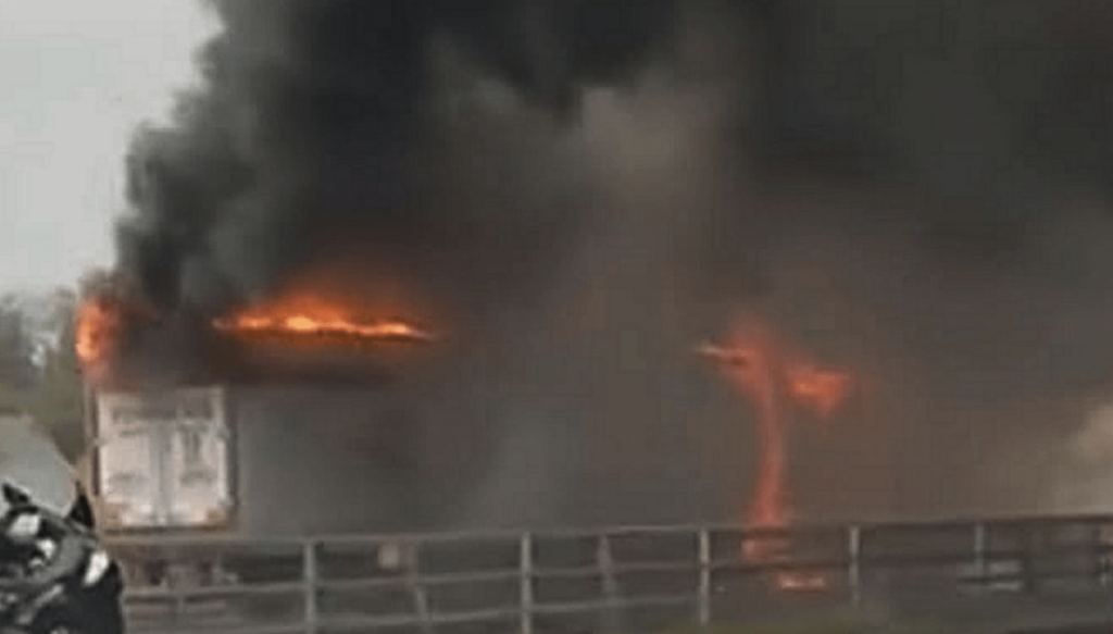 Lorry engulfed in flames on the motorway