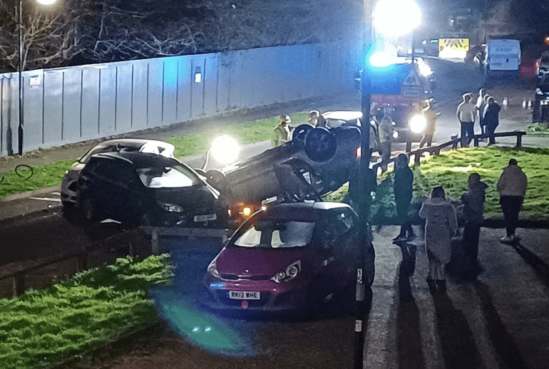 Car Flips and Smashes Two Vehicles in Southampton Road Crash