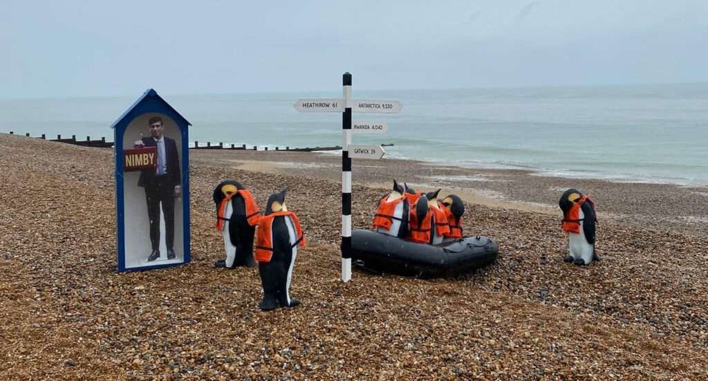 Rishi Sunak And Life-Jacket Wearing Penguins Pop Up at Hastings beach