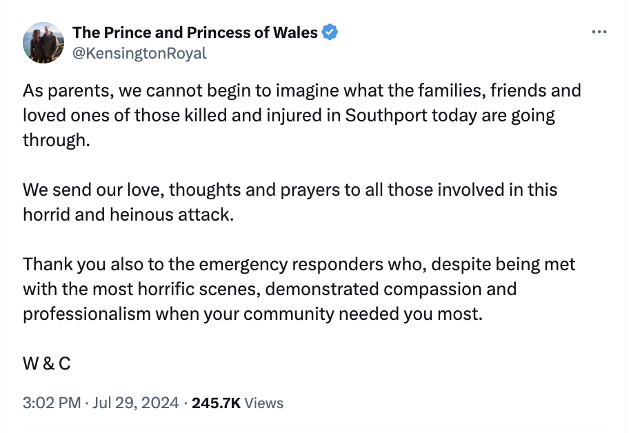 Royal Sympathy: Prince and Princess of Wales React to Southport Tragedy