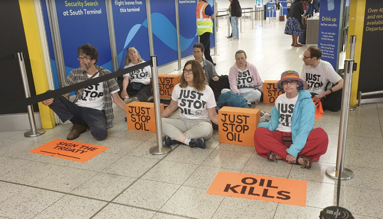 Environmental Activists from Just Stop Oil Stage Disruptive Protest at Gatwick Airport