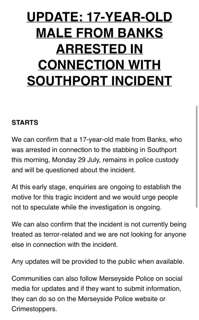 Southport Stabbing Incident: 17-Year-Old Arrested