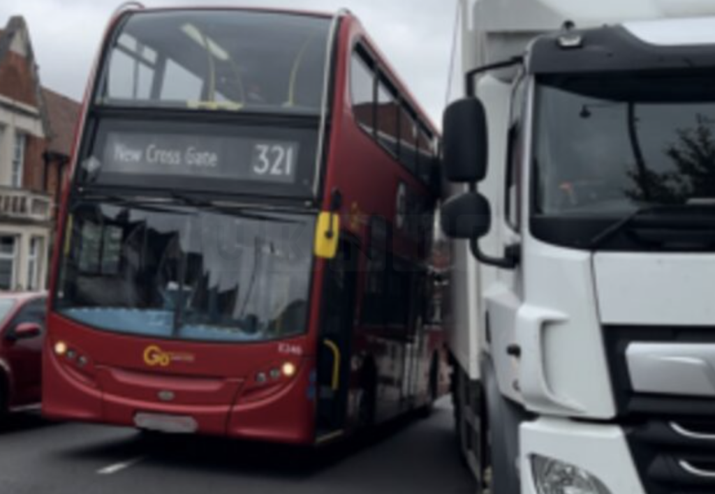 Collision between bus and a lorry in Sidcup