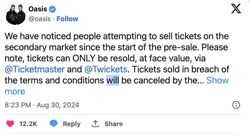 Oasis Issues Warning as Pre-Sale Tickets for Reunion Tour Resold for Thousands