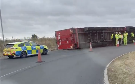 Person Hospitalised After Lorry Overturns at Cowstead Corner, A249 Closed