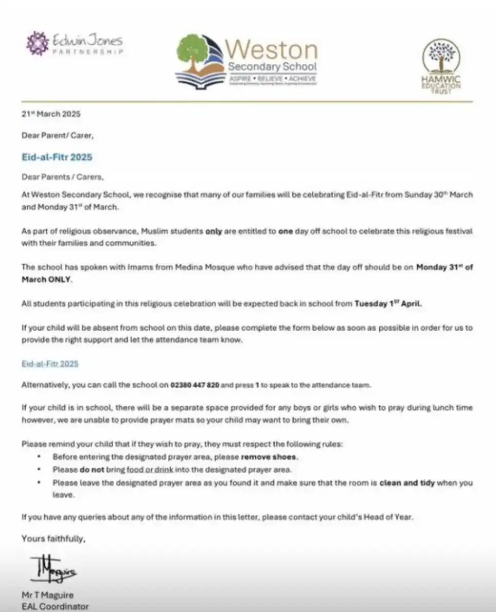 Weston Secondary School Clarifies Eid Holiday Policy Amid Concerns Over Religious Equality