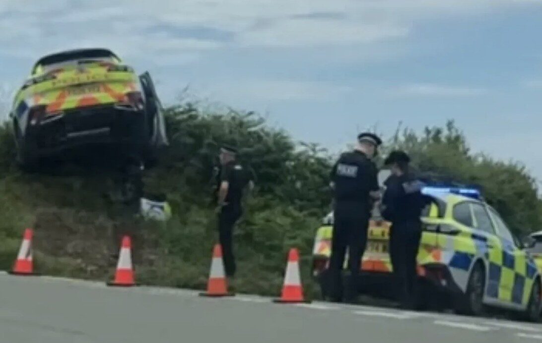 Police Car Ends Up on Hedge After Bizarre Crash in South Devon