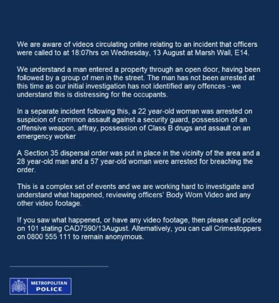 Met Police Investigating Disturbance at Marsh Wall Following Online Video Circulation