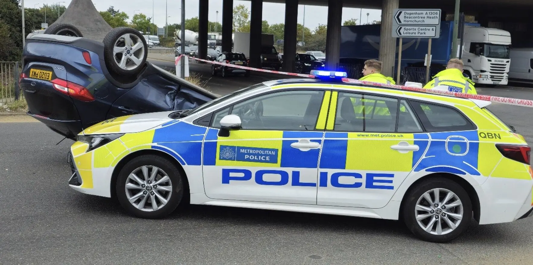 Car overturns on Choats Manor Way near A1306 under A13 overpass