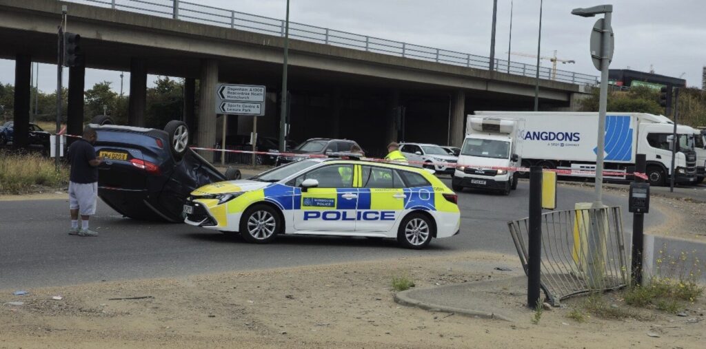 Car overturns on Choats Manor Way near A1306 under A13 overpass