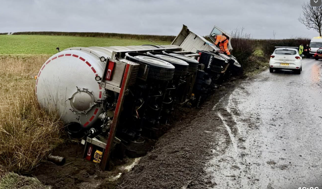 Massive Tanker Overturns on Suffolk Road Carrying Dirty Water