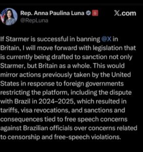 US Congresswoman Threatens Sanctions Over Keir Starmer’s X Ban Plan