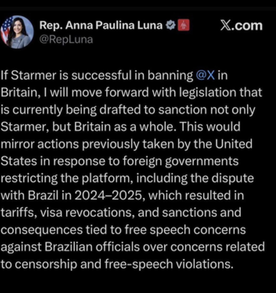 US Congresswoman Threatens Sanctions Over Keir Starmer’s X Ban Plan