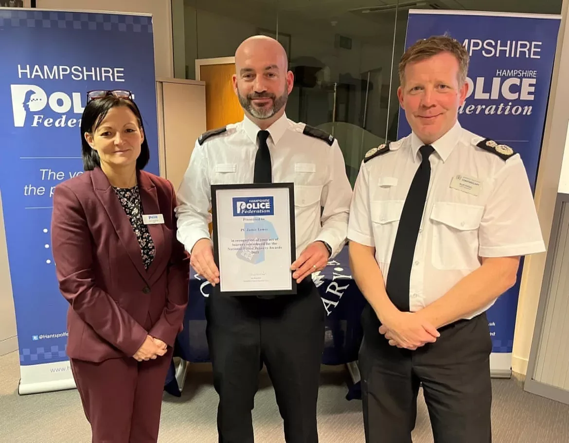 A Hampshire Police Officer Who Managed To Disarm A Man Who Was Doused In Petrol Has Was Named As One Of The Runners-up In The 2023 Hampshire Police Federation Bravery Awards